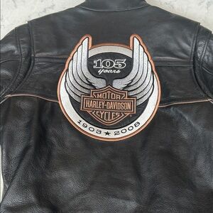Harley-Davidson Black Leather Bomber Jacket with Silver and Orange Patch